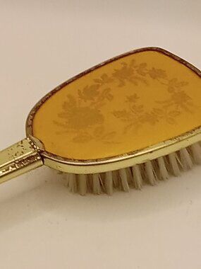 Vintage Vanity Hairbrush Gold Tone Soft Back Orangey Floral Art Deco Boudoir